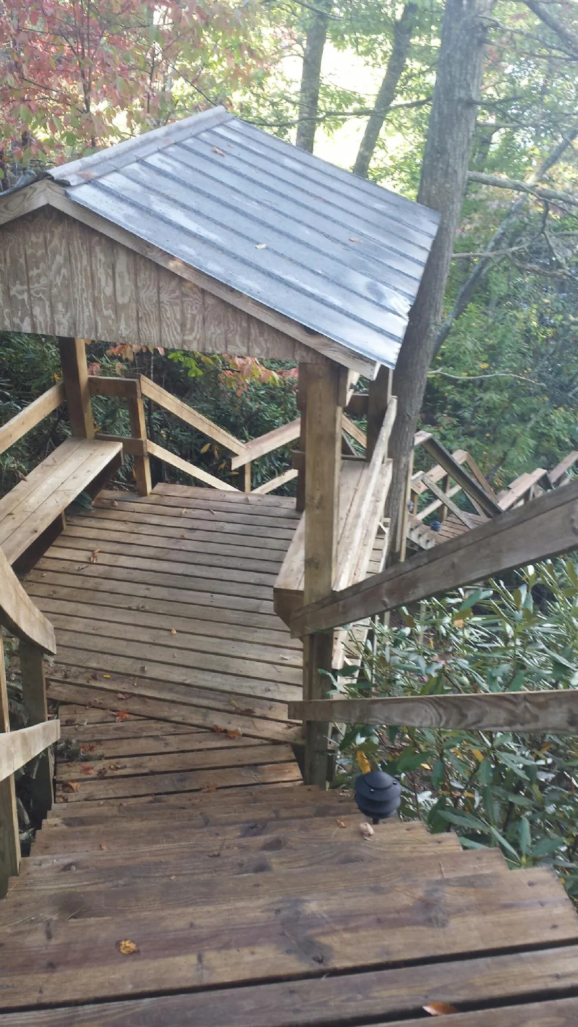 Metal roofed shelter over wooden steps on a wooded walkway — Skylight Repair & Installation work by our crew in Chinquapin